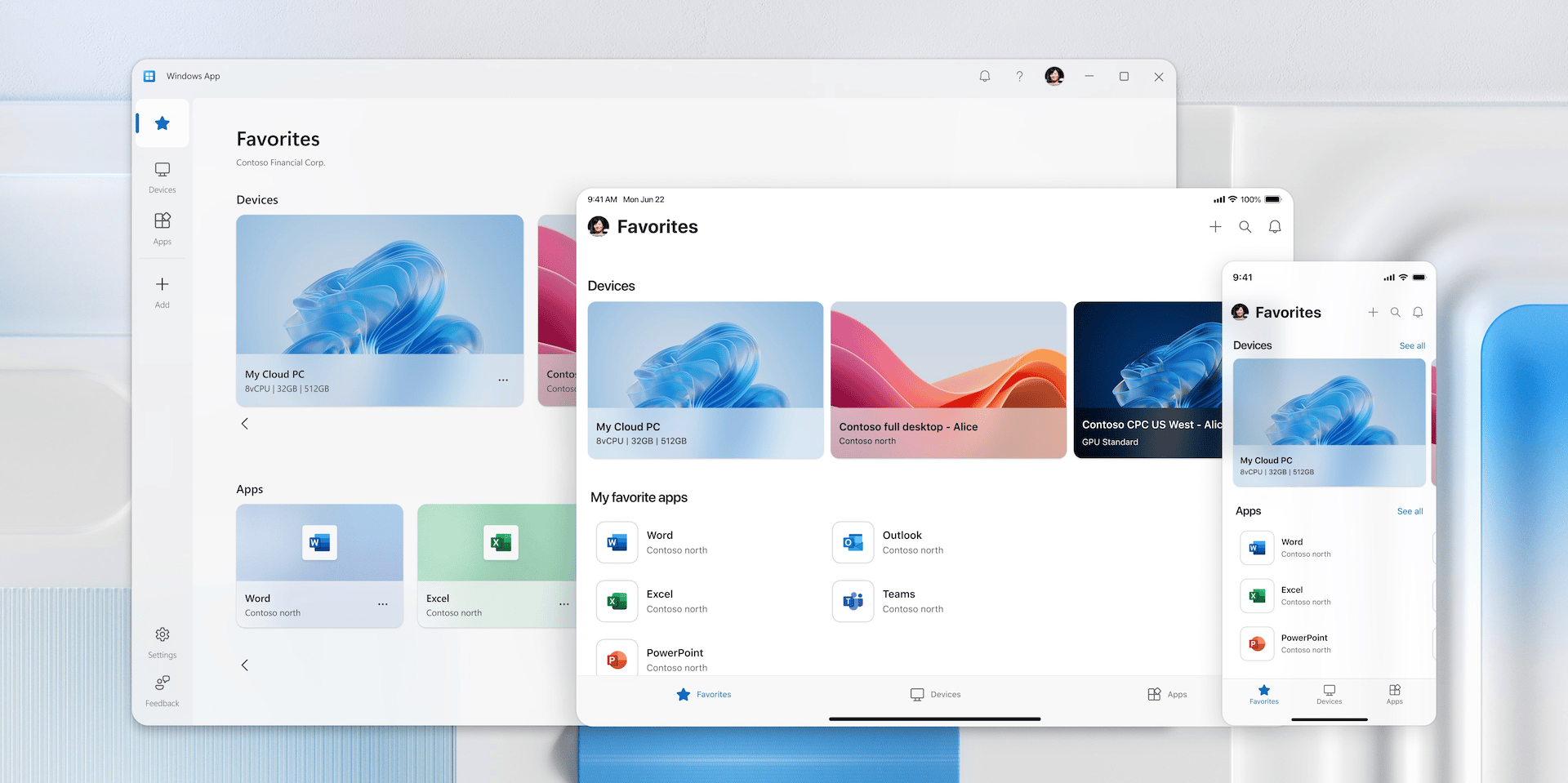 Schematische Darstellung, wie verschiedene Endgeräte (Laptop, Tablet, PC) auf einen zentralen virtuellen Desktop in der Cloud zugreifen.