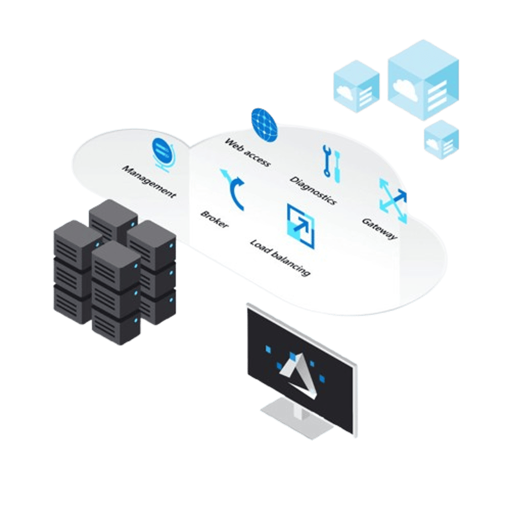 Schematische Darstellung einer VDI-Architektur mit Broker, Gateway, Web Access, Diagnostics und Load Balancing